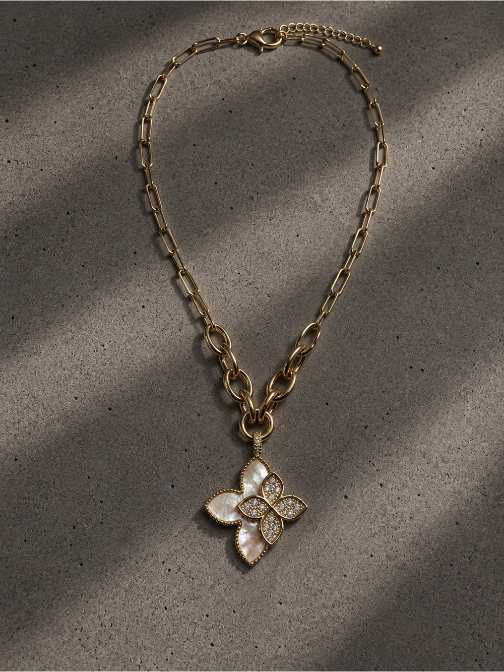 Gold Butterfly Pendant Necklace with Mother-of-Pearl and Crystals